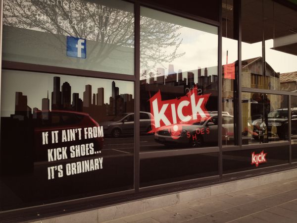 Kick Shoes Shopfront Window Signwriting - SignMob (Bendigo)